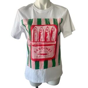Noble Women Boutique Sardines Graphic Tee Small White Pink Green S/S Fish Can